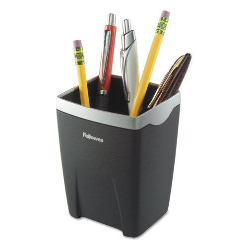 Office Suites Divided Pencil Cup, Plastic, 3.13 x 3.13 x 4.25, Black/Silver-(FEL8032301)
