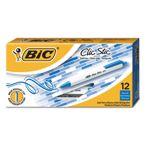 Clic Stic Ballpoint Pen, Retractable, Medium 1 mm, Blue Ink, White Barrel, Dozen-(BICCSM11BE)
