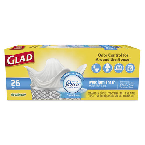 OdorShield Medium Quick-Tie Trash Bags, 8 gal, 0.57 mil, 21.63" x 23", White, 26/Box-(CLO78815BX)