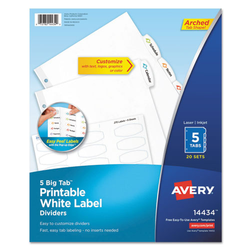Big Tab Printable White Label Tab Dividers, 5-Tab, 11 x 8.5, White, 20 Sets-(AVE14434)
