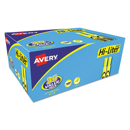 HI-LITER Desk-Style Highlighter Value Pack, Fluorescent Yellow Ink, Chisel Tip, Yellow/Black Barrel, 36/Box-(AVE98208)