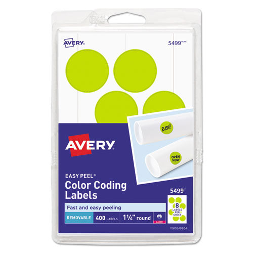 Printable Self-Adhesive Removable Color-Coding Labels, 1.25" dia, Neon Yellow, 8/Sheet, 50 Sheets/Pack, (5499)-(AVE05499)