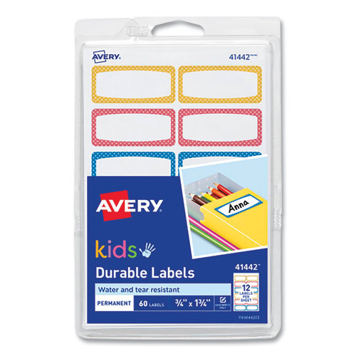 Avery Kids Handwritten Identification Labels, 1.75 x 0.75, Borders: Blue, Orange, Yellow, 12 Labels/Sheet, 5 Sheets/Pack-(AVE41442)