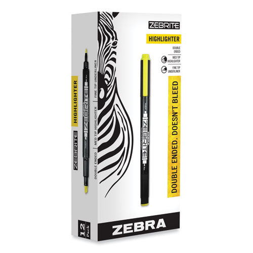 Zebrite Eco Double-Ended Highlighter, Fluorescent Yellow Ink, Med-Chisel/Fine-Bullet Tips, White/Black/Yellow Barrel, Dozen-(ZEB75050)