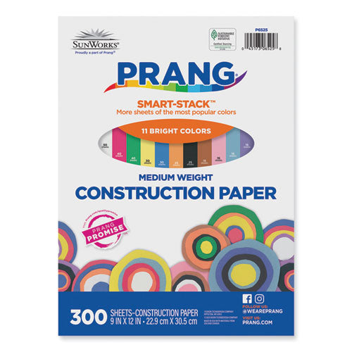 SunWorks Construction Paper Smart-Stack, 50 lb Text Weight, 9 x 12, Assorted, 300/Pack-(PAC6525)
