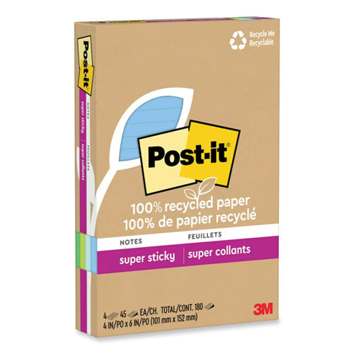 100% Recycled Paper Super Sticky Notes, Ruled, 4" x 6", Oasis, 45 Sheets/Pad, 12 Pads/Pack-(MMM654R12SST)