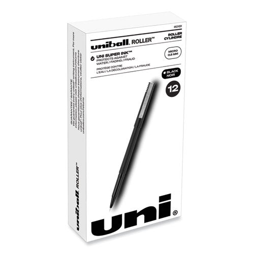Roller Ball Pen, Stick, Micro 0.5 mm, Black Ink, Black Matte Barrel, Dozen-(UBC60151)