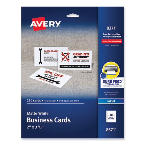 Printable Microperforated Business Cards w/Sure Feed Technology, Inkjet, 2 x 3.5, White, 250 Cards, 10/Sheet, 25 Sheets/Pack-(AVE8371)