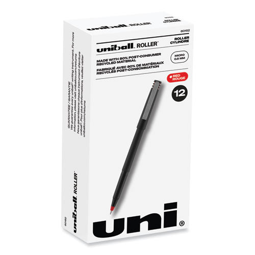 Roller Ball Pen, Stick, Micro 0.5 mm, Red Ink, Black Matte Barrel, Dozen-(UBC60152)
