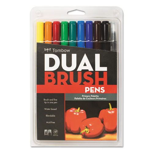 Dual Brush Pen 10-Color Set, Fine/Broad Brush/Conical Tips, Assorted Primary Colors, 10/Pack-(TOM56167)