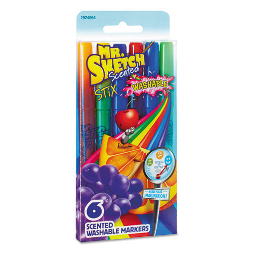 Washable Marker Stixs, Extra-Fine 0.8 mm Bullet Tip, Assorted Colors, 6/Set-(SAN1924064)