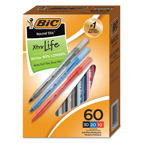 Round Stic Xtra Precision Ballpoint Pen Value Pack, Stick, Medium 1 mm, Assorted Ink and Barrel Colors, 60/Pack-(BICGSM609AST)