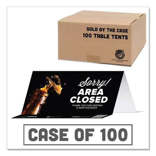 BeSafe Messaging Table Top Tent Card, 8 x 3.87, Sorry! Area Closed Thank You For Keeping A Safe Distance, Black, 100/Carton-(TAB79186)