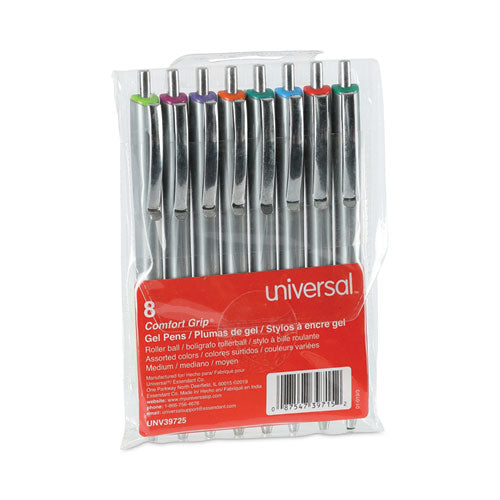 Comfort Grip Gel Pen, Retractable, Medium 0.7 mm, Assorted Ink Colors, Silver Barrel, 8/Pack-(UNV39725)