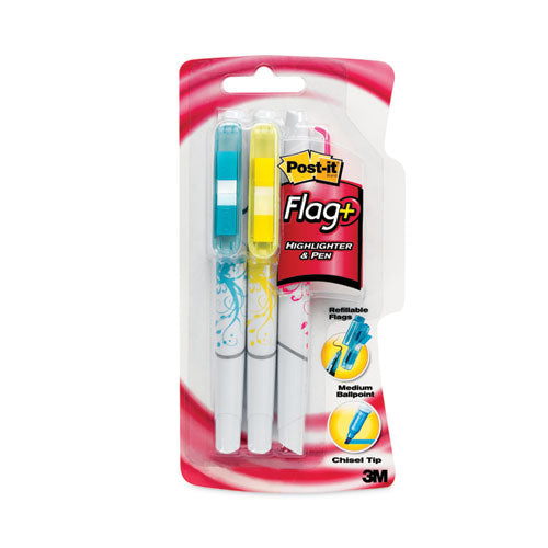 Flag+ Highlighter and Pen, Assorted Ink/Flag Colors, Chisel/Conical Tips, Assorted Barrel Colors/Graphics, 3/Pack-(MMM691HLP3)