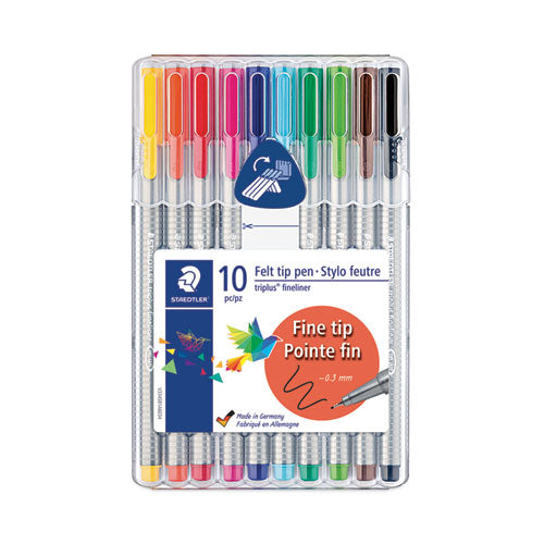 Triplus Fineliner Porous Point Pen, Stick, Extra-Fine 0.3 mm, Assorted Ink Colors, Silver Barrel, 10/Pack-(STD334SB10A6)