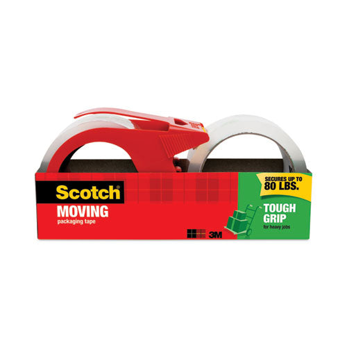 Tough Grip Moving Packaging Tape with Dispenser, 3" Core, 1.88" x 38.2 yds, Clear, 2/Pack-(MMM3500S21RD)