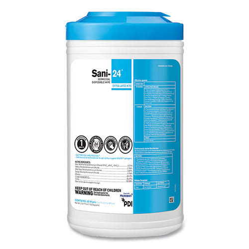 Sani-24 Germicidal Disposable Wipes, Extra-Large, 1-Ply, 7 x 12, Unscented, White, 65/Pack-(PDIP23284)