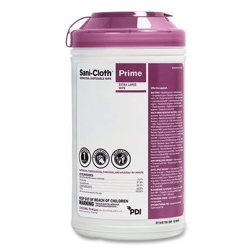 Sani-Cloth Prime Germicidal Disposable Wipes, Extra-Large, 1-Ply, 7.5 x 15, Unscented, White, 70/Canister, 6 Canisters/Carton-(PDIP24284)