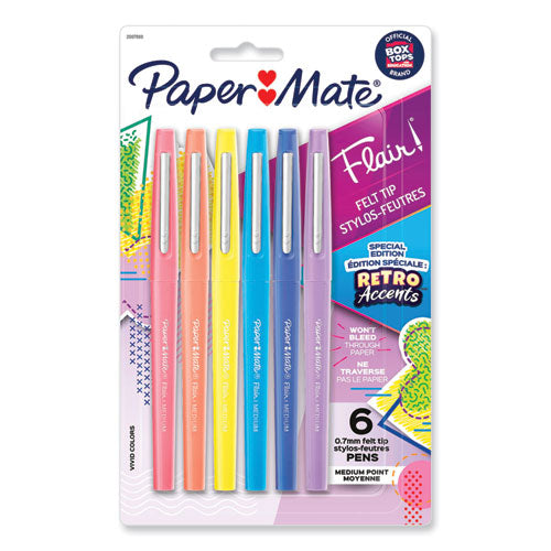 Flair Felt Tip Porous Point Pen, Stick, Medium 0.7 mm, Assorted Ink and Barrel Colors with Retro Accents, 6/Pack-(PAP2097888)
