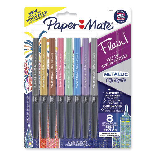 Flair Metallic Porous Point Pen, Stick, Medium 0.7 mm, Assorted Ink and Barrel Colors, 8/Pack-(PAP2134319)