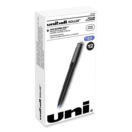Roller Ball Pen, Stick, Micro 0.5 mm, Blue Ink, Black Matte Barrel, Dozen-(UBC60153)