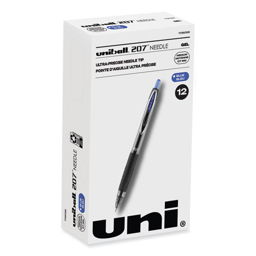 Signo 207 Needle Point Gel Pen, Retractable, Medium 0.7 mm, Blue Ink, Black Barrel, Dozen-(UBC1736098)