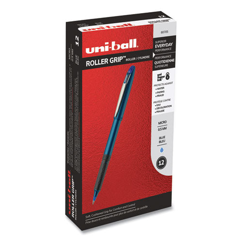Grip Roller Ball Pen, Stick, Micro 0.5 mm, Blue Ink, Blue Barrel, Dozen-(UBC60705)