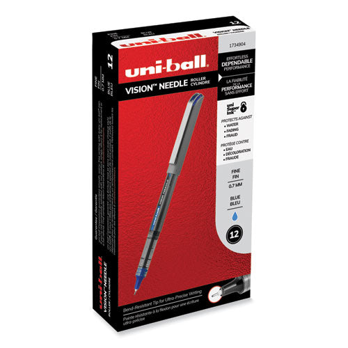 VISION Needle Roller Ball Pen, Stick, Fine 0.7 mm, Blue Ink, Silver Barrel, Dozen-(UBC1734904)